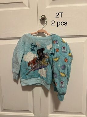 Disney Girls' Aqua Plush Pullover Hoodie with Princess Print - Blue